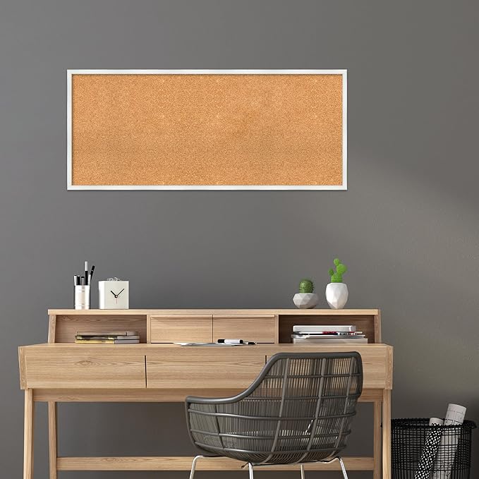Amanti Art Natural Cork Board for Wall, 21x49 Vision Board with White Frame, Oversize Corkboard Office Decor for Home Organization, Country Rustic Corkboard Pinboard to Display Items for Home
