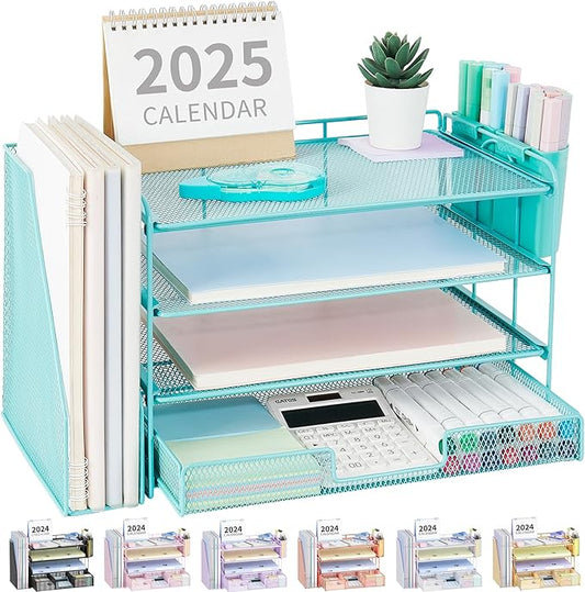 OPNICE Desk Organizer and Accessories, 4-Tier Desktop File Organizer with Drawer and 2 Pen Holders, Office Desk Accessories, File Sorters, Workspace Organizers for Office Supplies(Teal Blue)