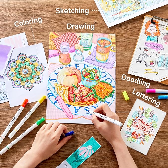 Shuttle Art Dual Tip Brush Marker Pens, 105 Colors Fine and Brush Tip Markers Set in Portable Case with 1 Coloring Book for Kids, Water-based Ink Adult Artist Coloring Calligraphy Journal Doodling