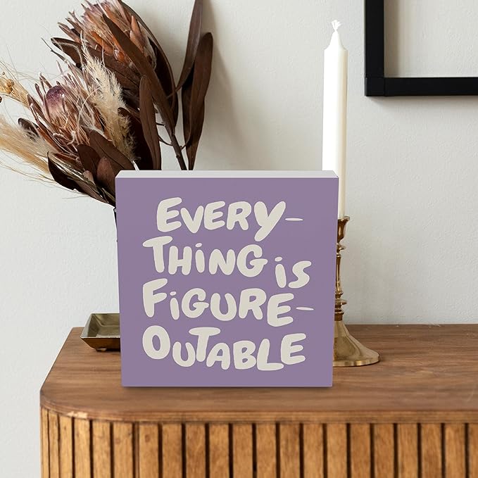 Inspirational Purple Office Decor, Every Thing is Figure Outable Motivational Office Accessories Wooden Box Sign, Inspirational Gifts for Women, Men Wall Desk Shelf Tabletop Decoration 8x8In