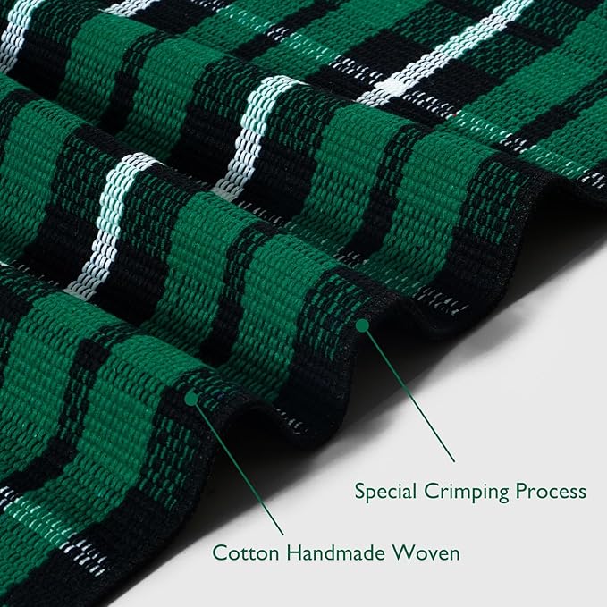 Christmas Door Mat Outdoor 24"x51", Green/Black Buffalo Plaid Front Porch Rug Cotton Hand-Woven Washable Layered Door Mats,Reversible Checkered Floor Rugs for Home Decor Outside