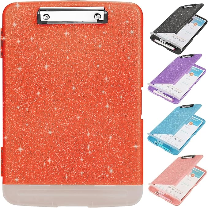 Glitter Clipboard with Storage,Storage Clipboard with Pen Holder,A4 Binder Clip Boards 8.5x11 with Low Profile Clip,Side Opening Sparkle Clipboards, Clipboards Folder for Office Supplies-Orange