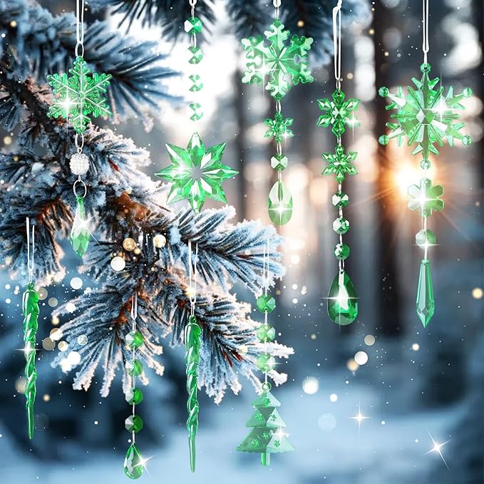 Lanpn 22pcs Christmas Ornaments Crystal Christmas Tree Decoration, Hanging Clear Acrylic Snowflake Icicle Drop Crystal Pendants for Xmas Tree Winter New Year Outdoor Indoor Party Decoration (Green)