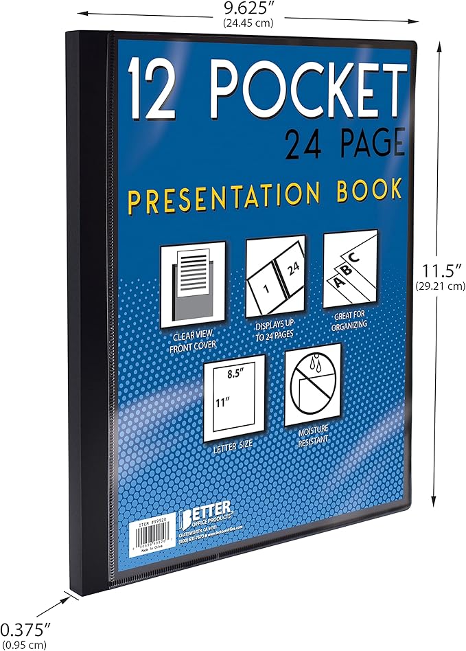 Better Office Products 12 Pocket Bound Presentation Book, Black with Clear View Front Cover, 24 Sheet Protector Pages, 8.5" x 11" Sheets, Art Portfolio, Durable Poly Covers, Letter Size, Black