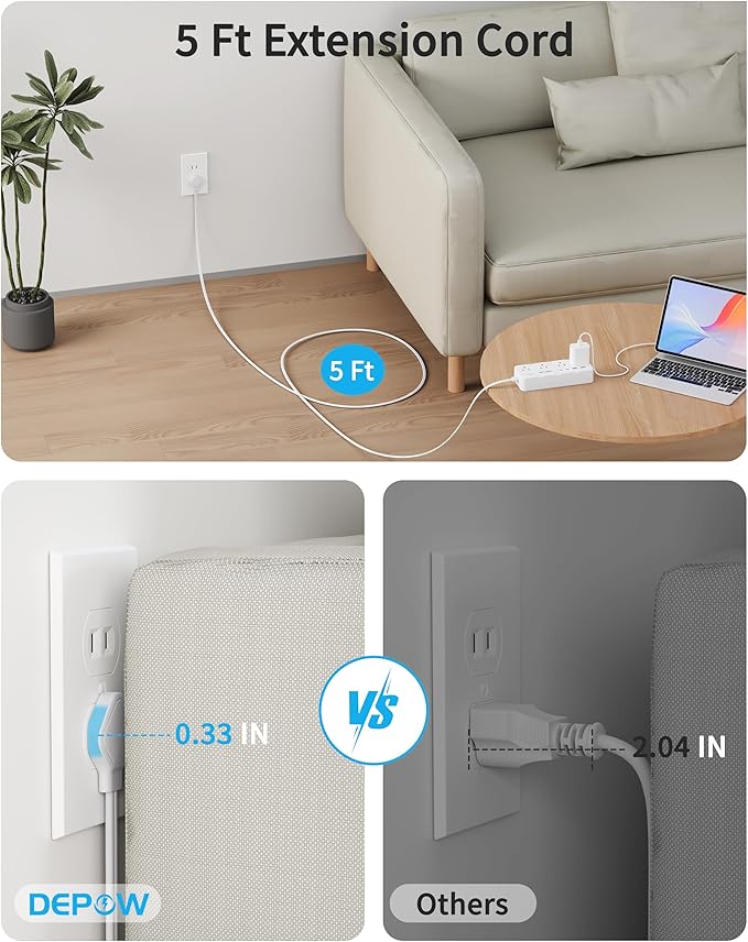 2 Prong Power Strip, 2 to 3 Prong Outlet Adapter with 8 AC & 4 USB Ports (2 USB C), 5FT Extension Cord, 1700J Two Prong Surge Protector, Wall Mountable, Ideal for Old House Non-Grounded Outlets