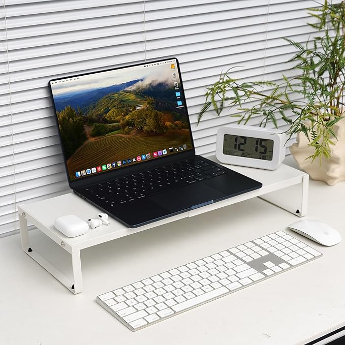 Adjustable Metal Monitor Stand - 11.6"-21.3" Ergonomic Desktop Riser for Computer/Laptop/TV, Heavy-Duty Office Shelf with Space-Saving Design (White)