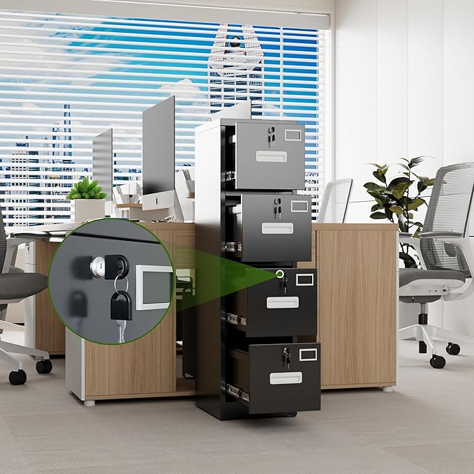 Aobabo 4 Drawer File Cabinet, Metal Filing Cabinet with Lock, Suitable for Home Office School Hanging Files Letter/Legal/A4 Size,Black,Required-Assembly,17.72" D x 14.96" W x 55.2" H