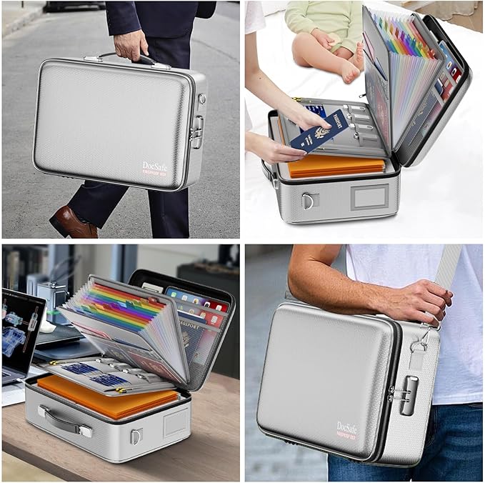 DocSafe Fireproof Document Box with Lock, Hard Case File Organizer with Accordion File Folder, Fireproof Water Resistant Safe Box Home Office Travel Storage for Important Documents Laptop Silver