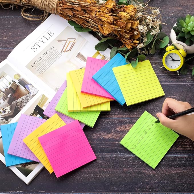 (12 Pads) Lined Sticky Notes 4x4 in, 6 Bright Colors Self-Stick Note Pads, Strong Adhesive, 47 Sheets/Pad