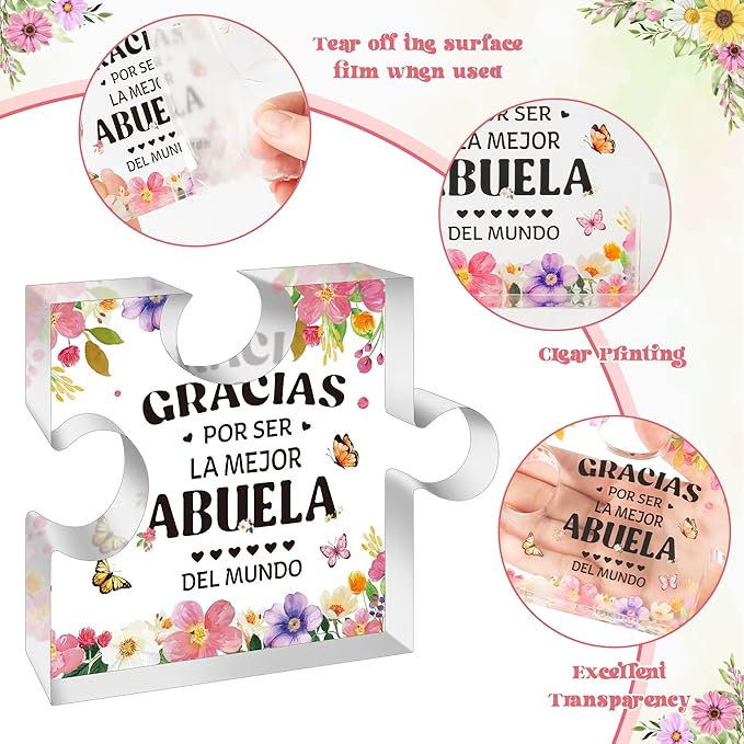 Yopyame Spanish Grandma Acrylic Gifts - Regalos para Abuela Acrylic Gift for Desk Table Decor Appreciation Grandma Engraved Puzzle Plaque Mother’s Day Christmas Birthday Thanksgiving Gift for Abuela