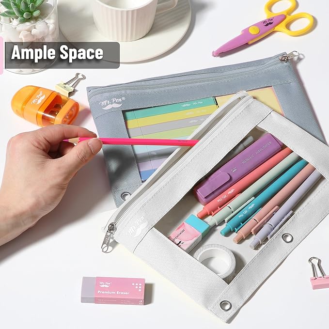 Mr. Pen- Pencil Pouch for 3 Ring Binder, 2 Pack, Grey and Beige, 3 Ring Binder Pencil Pouch
