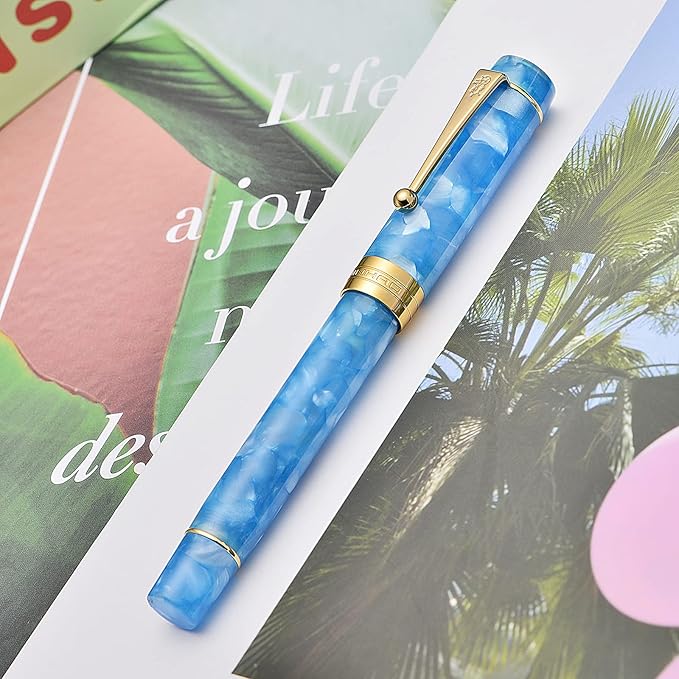 Jinhao 100 Fountain Pen Celluloid Classic Style, #6 Nib Smooth Writing Instrument with Refillable Converter and Pen Case Set