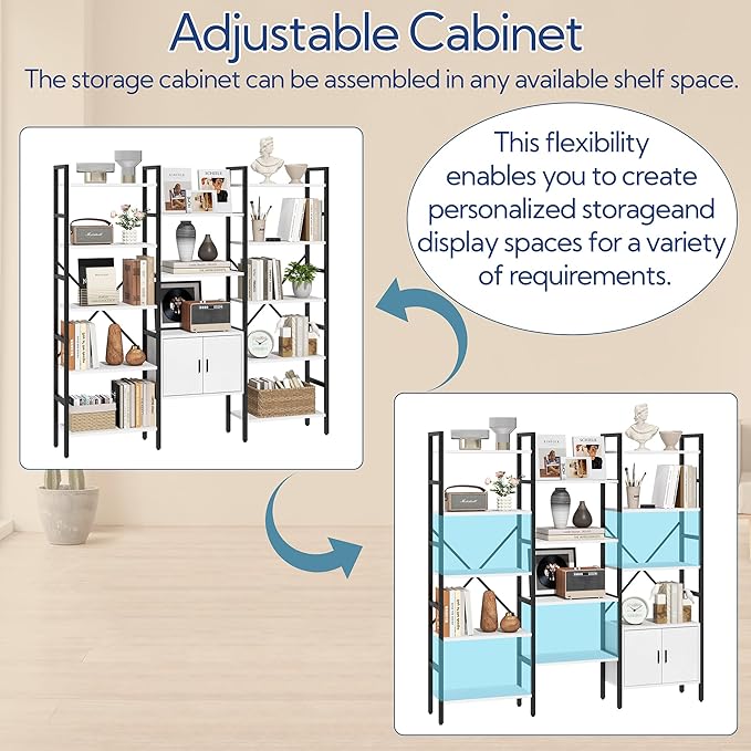 Yusong Bookshelf Triple Wide 5 Tier Bookcases with Storage Cabinet, Industrial Large Modern Tall Bookshelves with 12 Open Display Shelves for Living Room Office Bedroom, White and Black