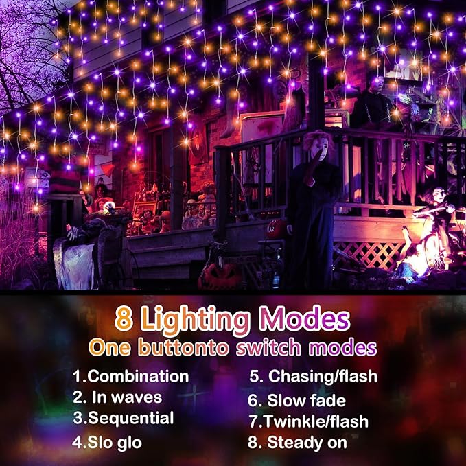 Halloween Lights, 49FT 450 LED Ice Lights with 8 Modes, Waterproof Timer Memory Hanging Light for Eaves Party Yard Garden Halloween Decor (Purple and Orange)