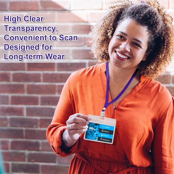 Marspark 100 Sets Clear Name Tags with Lanyard, Lanyards for ID Badges Reusable Strap with ID Holder Plastic Name Badges for Adults Business School Church Conference (Dark Purple)