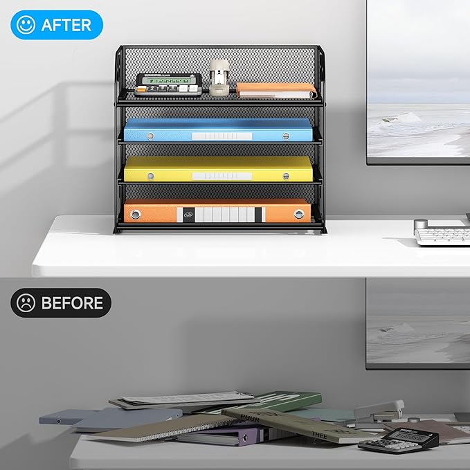 Lavatino Paper Organizer for Desk, 4-Tier Desk Organizer Tray, Mesh Desktop File Organizers with Handle, Office Classroom Organization and Storage-Black