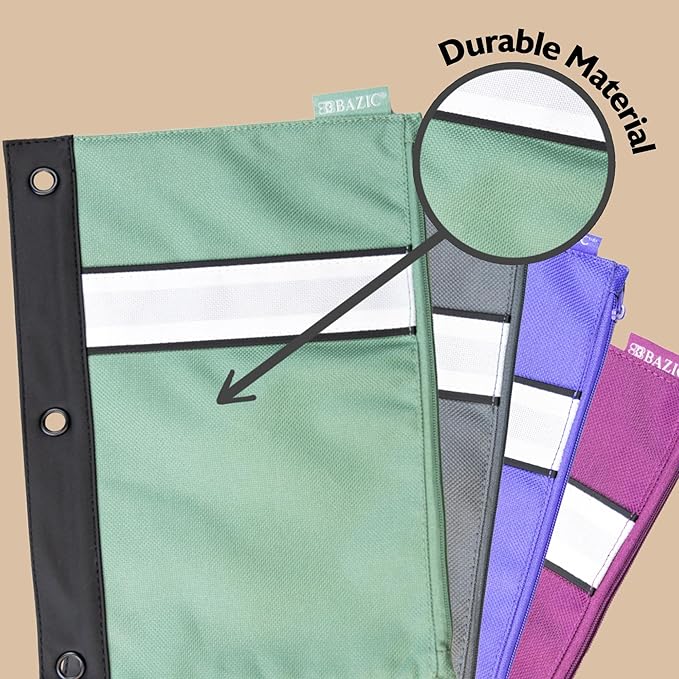 BAZIC Pencil Pouch 3 Ring Binder Pouch w/Rivet Enforced Rings Holes, Zipper Pouches Bag, Assorted Color, 144-Pack