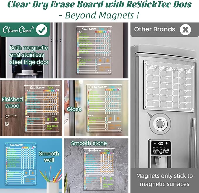 Clear Non-Magnetic Dry Erase Chore Chart - 11.5"x8.5" Behavior Responsibility Chore Board for Kids, Teenagers and Adults - Sticks to Wall, Glass, Door, Any Smooth Surfaces