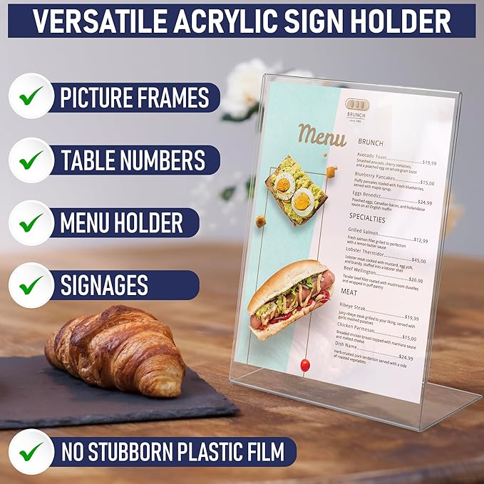 Acrylic Sign Holder 8.5 x 11, Slant Back Display Stand, A-Frame Flyer Display for Office, Menu Holder, and Table Signs. Acrylic Stands for Paper and Sign Frame, Perfect for Tabletop Use (6 Pack)