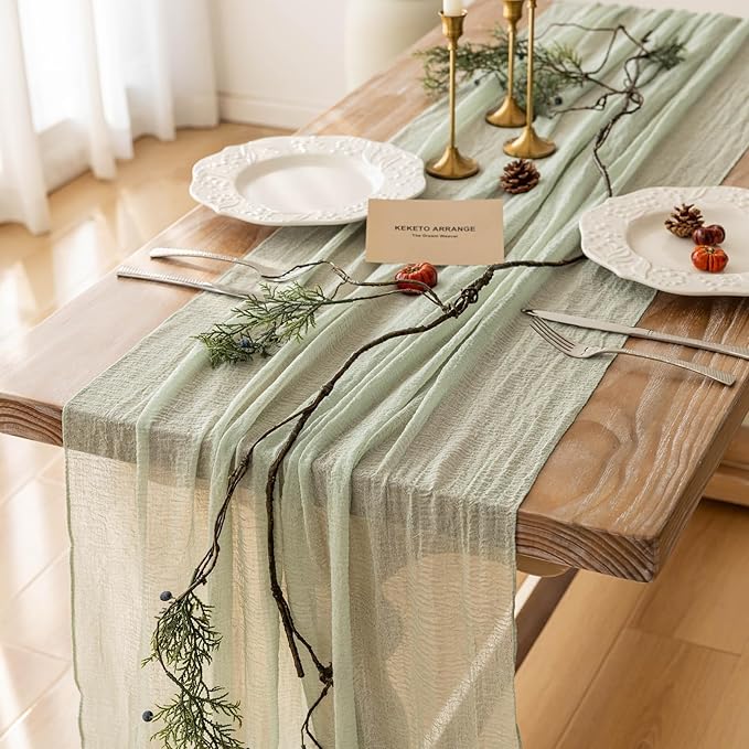 Sage Green Table Runner Cheesecloth 120 Inch 10 FT Rustic Boho Cheese Cloth Table Runner for Wedding Baby Shower Bridal Shower Sheer Gauze Centerpiece Home Decorations