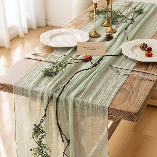 Sage Green Table Runner Cheesecloth 120 Inch 10 FT Rustic Boho Cheese Cloth Table Runner for Wedding Baby Shower Bridal Shower Sheer Gauze Centerpiece Home Decorations