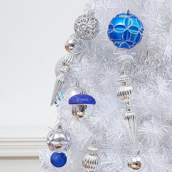123pcs Christmas Ball Ornaments Set, Shatterproof Plastic Balls for Classic Xmas Decorations, Hanging Ornaments for Christmas Tree, Holiday, Bridal, Home Party, Blue and Silver