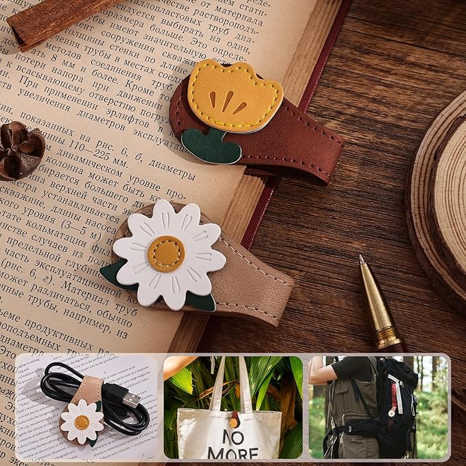 2PCS Vintage Magnetic Leather Bookmark, Leather Magnetic Bookmarks for Women, Magnetic PU Bookmarks Clip Book Accessories, Daisy & Tulip