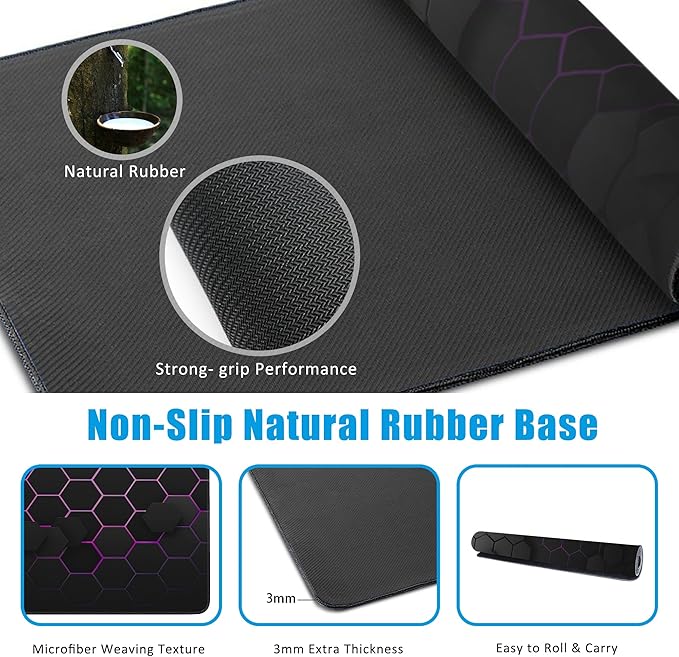 Grid with Purple Light Large Gaming Mouse Pad,Waterproof Desk Mat for Desktop,Non-Slip Rubber Base Mousepad with Stitched Edges for Laptop Office and Home 35.4X15.7 Inch