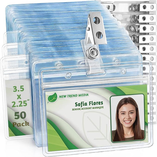 EcoEarth Horizontal PVC ID Badge Holder with Metal Clips and Vinyl Straps with Soft Edge (Sealable Fits 3.5x2.25 inch Inserts) (Clear 50-Pack), Waterproof ID Holder Bulk, ID Card Holder, Name Tag
