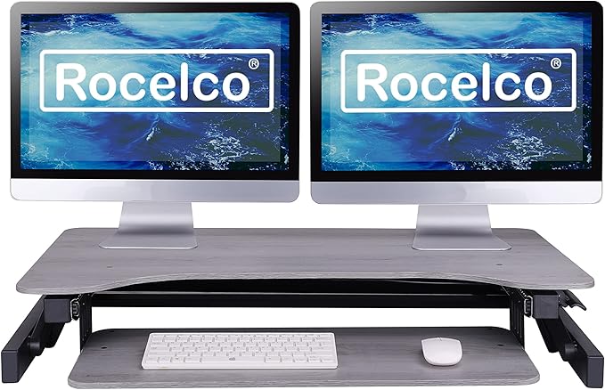 Rocelco 37.5" Height Adjustable Standing Desk Converter with Dual Monitor Mount and Slide Out Retractable Keyboard Tray - Sit Stand Up Double Screen Tabletop Riser Workstation - Gray (R DADRG-DM2)
