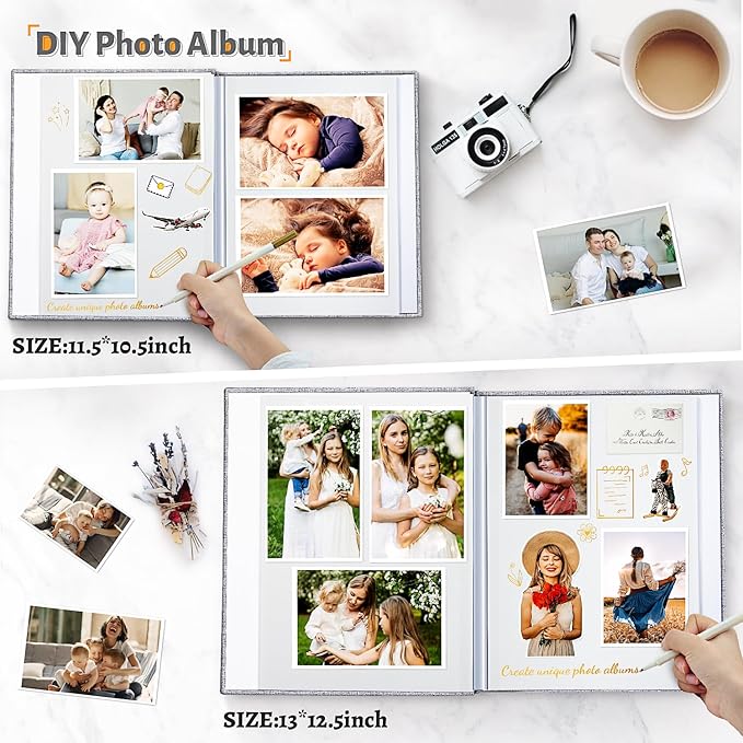 Photo Album Self Adhesive Scrapbook,60 Pages Large Photo Book for 4x6,5x7,8x10 Pictures,DIY Album for Baby Wedding Family Travel Birthday,with Metallic Pen and Scraper