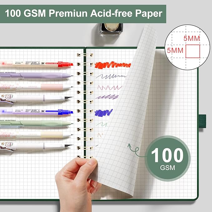 EMSHOI A4 Graph Grid Notebook - 110 Pages 100GSM Grid Paper, Vegan Leather Floral Cover with Spiral Binding for Engineering, Bullet Journaling, School & Work - Includes Ruler, Pockets -Light Green