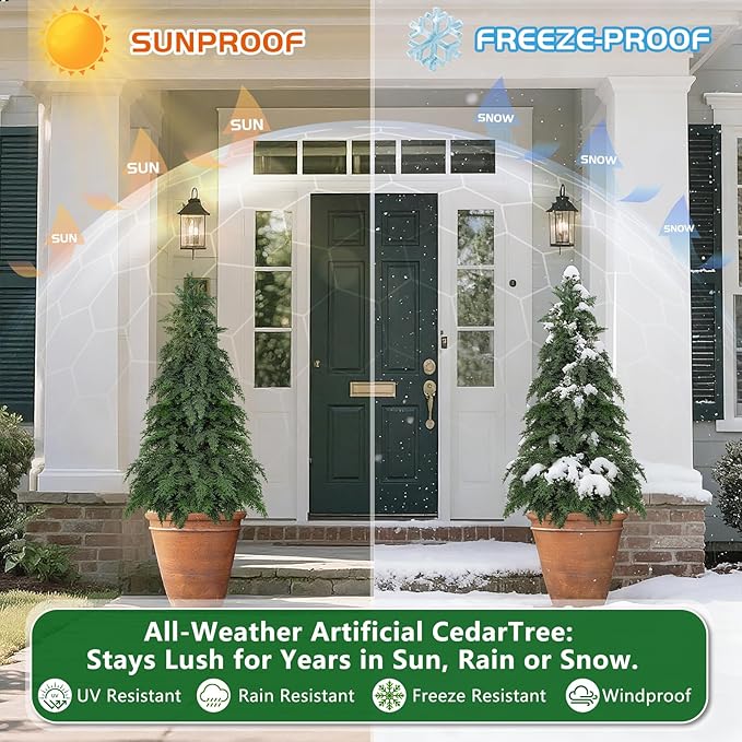 4FT Artificial Topiary Tree with Pot, 2 Pack Fake Evergreen Tree for Porch, Artificial Plants for Outdoor Christmas Home Garden Decor