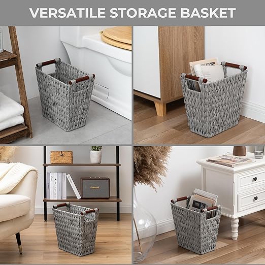 GRANNY SAYS Woven Waste Basket, Gray Wicker Basket with Wood Handles, Wicker Waste Basket for Bathroom Living Room, 1-Pack, 13" x 7 ½" x 12 ½"