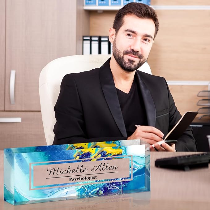 Ship Next Day-Custom Name Plate for Desk, Desk Name Plate Personalized, Acrylic Office Desk Accessories, Appreciation Gifts for Coworkers Employee Teachers Boss Women Men (Blue Sea)