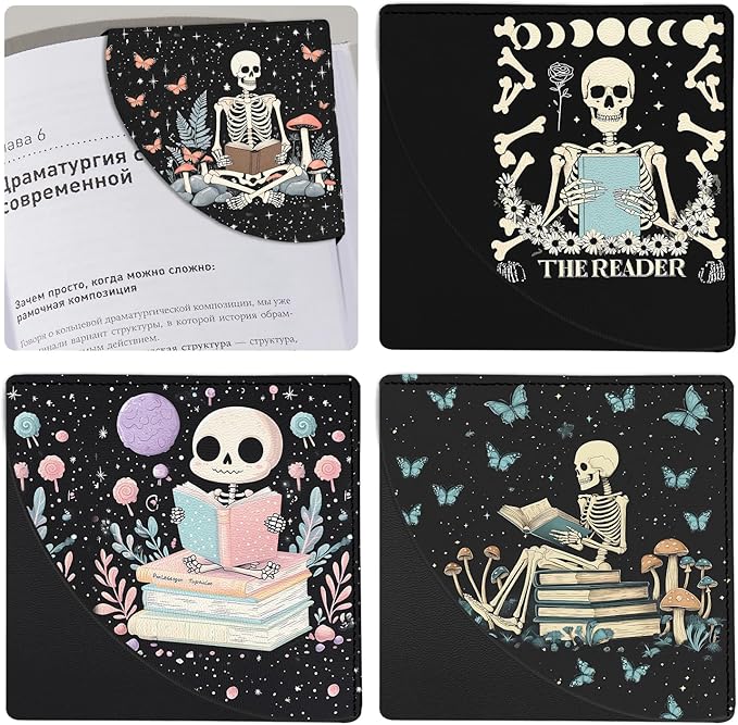 Skeleton Leather Bookmarks 4 Pieces, Funny Book Accessories for Reading Lovers, Corner Page Markers for Women Men Kids Students Teachers Retirement Birthday Gift (Skull Reading)