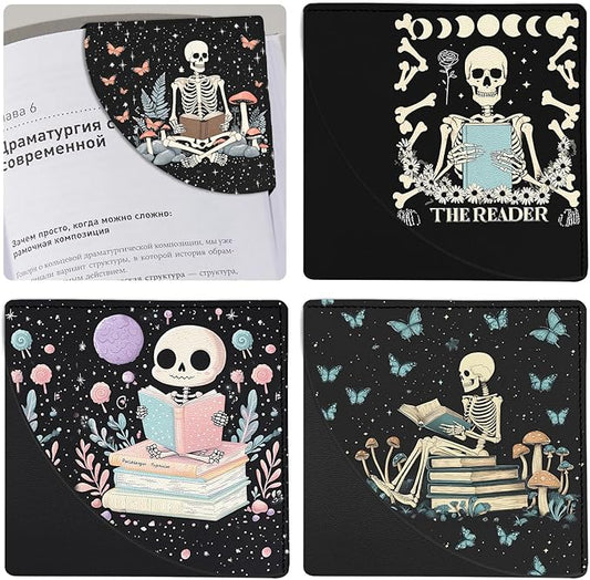 Skeleton Leather Bookmarks 4 Pieces, Funny Book Accessories for Reading Lovers, Corner Page Markers for Women Men Kids Students Teachers Retirement Birthday Gift (Skull Reading)
