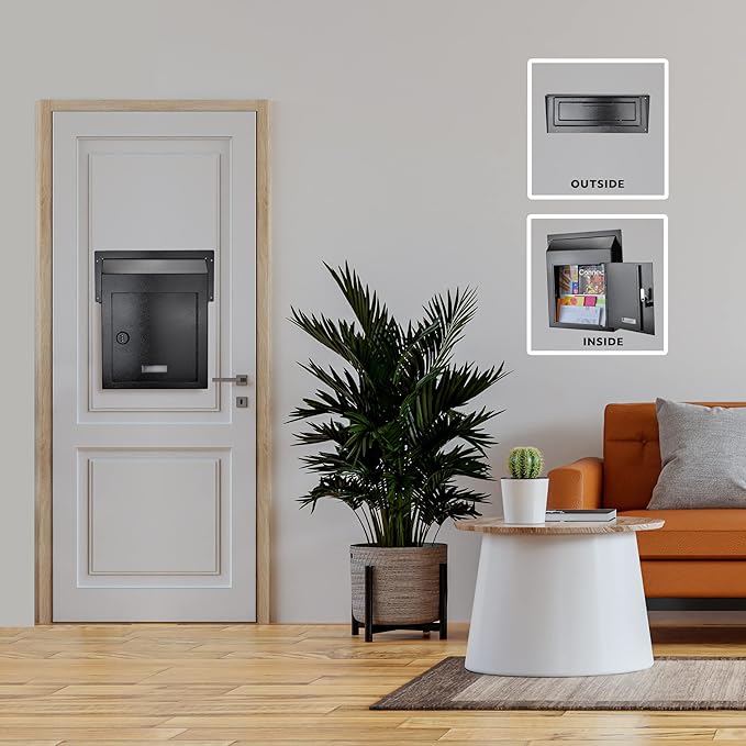 Rainproof Through The Door Key Drop Box, Galvanized Steel Heavy Duty Mailbox Safe Deposit Box, Locked Mail Drop Box with Combination Lock for Key and Payment, Black Mailbox