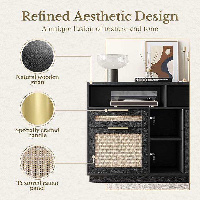 4 Drawer File Cabinet, Fluted Wood Lateral Filing Cabinet with Lock and Charging Station for Home Office, Printer Stand with Open Storage Shelves, Fits A4, Letter Size, Black