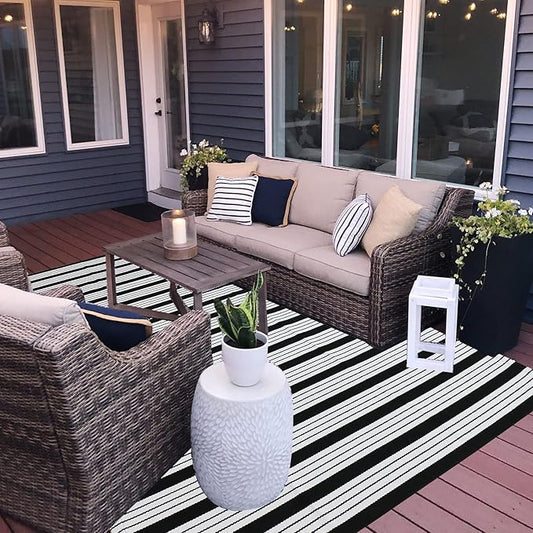 CAINANEL Black and White Striped Outdoor Rug 4' x 6' Front Porchr Mat Handwoven Cotton Indoor/Outdoor Rug for Layered Door Mats,Welcome Door Mat, Front Porch,Farmhouse,Entry Way