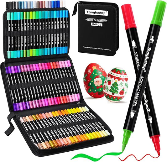 Tongfushop 84 Colors (14 Metallic) Acrylic Paint Marke, Dual Fine & Brush Tip Paint Pens, No Bleed & Quick-Dry with Case for Rock Painting, Canvas, Wood, Ceramic, Glass, Adult & DIY Art Supplies