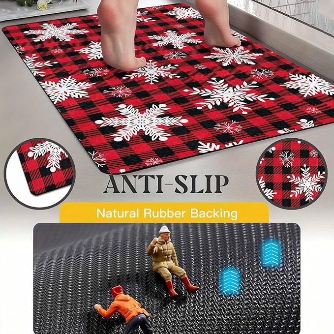 Merry Christmas Snowflakes Red Plaid Door Mat, Christmas Buffalo Plaid Doormat with Non-Slip Backing Front Porch Rug Welcome Mats for Home Indoor Outdoor, 16" x 24" Inch