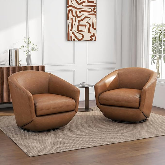 UIXE Faux Leather Swivel Accent Chairs Set of 2, Barrel Chair Upholstered Club Armchair for Living Room, Comfy Single Sofa Bedroom Side Reading Seat - Brown
