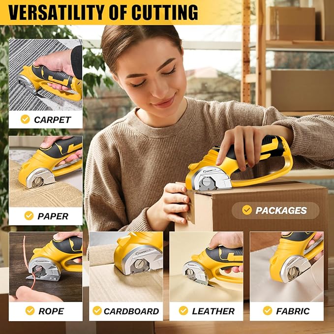 Cordless Electric Scissors, 4V Cardboard Cutter, Box Cutter Fabric Scissor with Safety Lock & LED Light, Rechargeable Power Rotary Cutters for Box Carpet Fabric Plastic Leather