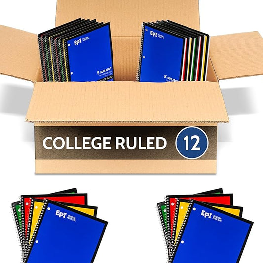 EPI Spiral Notebook | 5 Subject - College Ruled - 180 Sheets, Durable Spiral Binding | 10.5 x 8 in | Classroom Supplies | School, Office, Note Taking, Journaling - 12 Pack