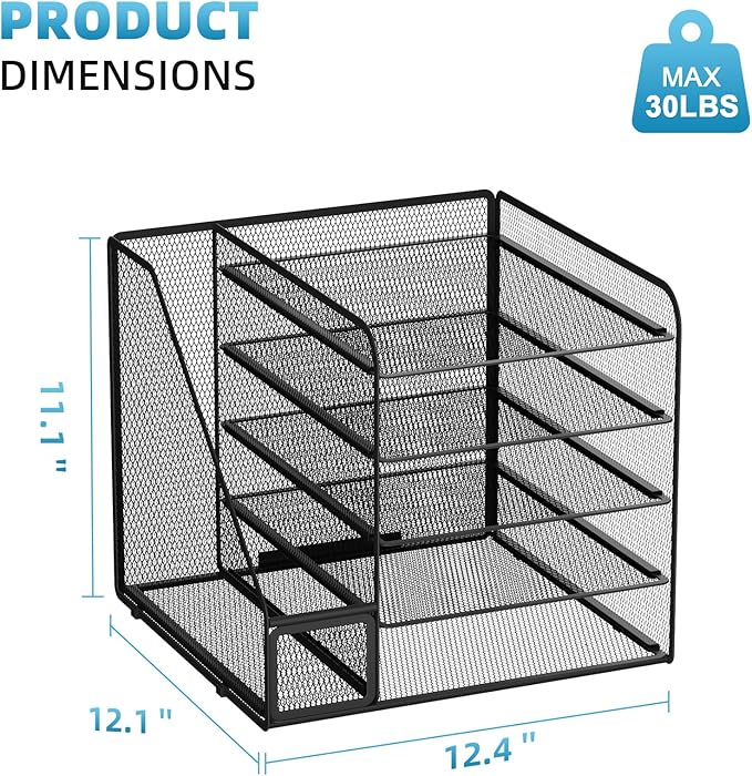 Marbrasse Desk Organizers and Accessories, 5-Tier Paper Letter Tray Organizer with File Holder, Mesh File Organizer, Office Desk Accessories & Organization for Supplies (Black)
