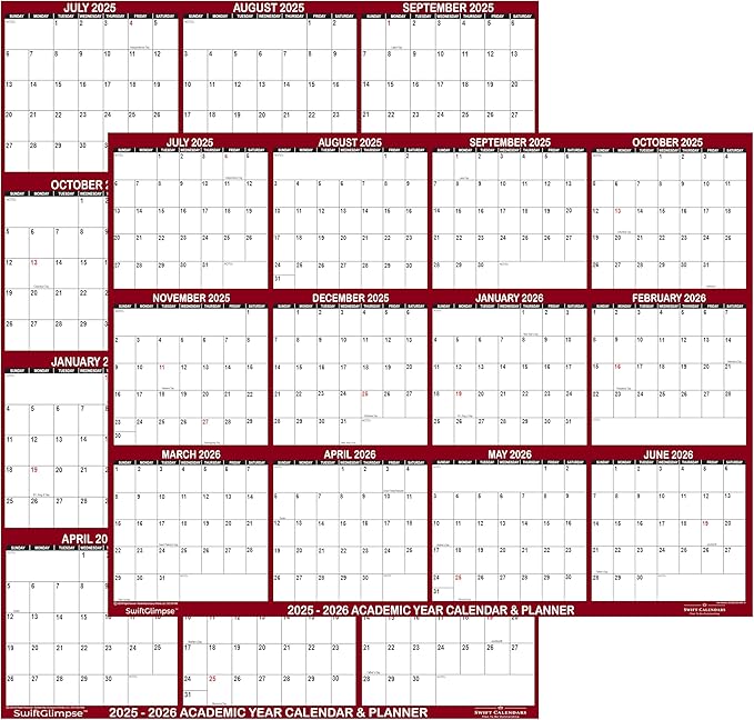 18" x 24" SwiftGlimpse 2025-2026 Academic Wall Calendar Dry Erase Erasable, Large, Wet & Dry Erase Laminated, Yearly Planner, Reversible, JULY 2025 to JUNE 2026 ONLY