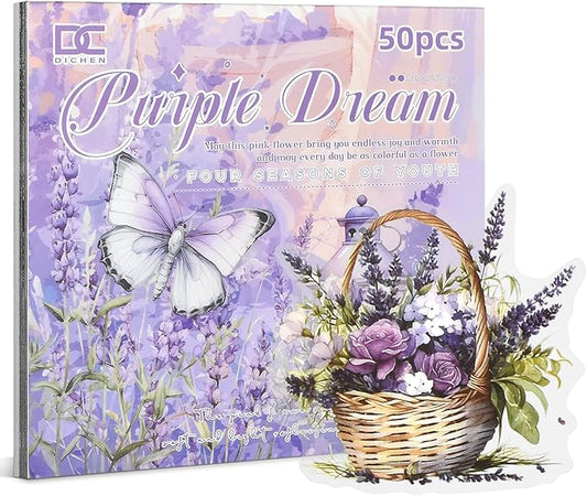 Snycler Scrapbooking Supplies, Vintage Journaling - 25 Sheets PET & 25 Sheets Paper Stickers, DIY Craft Stickers for Junk Journals, Ephemera Sticker Book, Purple Flower Themes, Pre-Cut Designs
