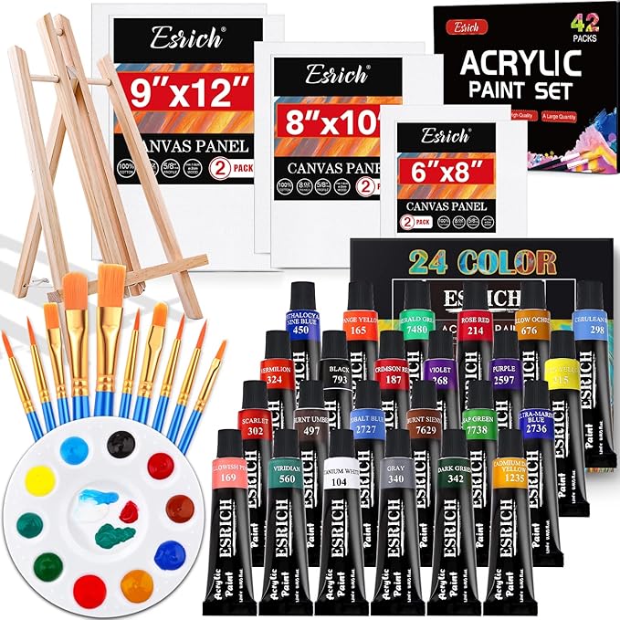 ESRICH Acrylic Paint Canvas Set, 42 Piece Professional Premium Paint Kit with 1 Wood Easel, 24Colors, 10 Brushes, 6 Canvases, Painting Supplies Kit for Kids, Students, Artists and Beginner