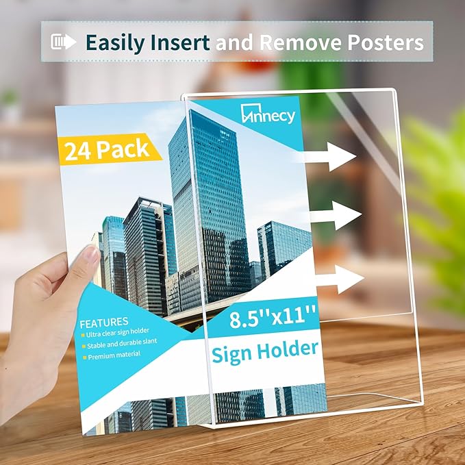 Annecy Sign Holder 8.5 x 11, 24 Packs Sign Stand for Display, L Shape Plastic Clear Sign Holder 8.5x11 Standing Vertical Menu Flyer Holder, Frames Table Signs for Stores, Restaurants, Hotels, Office